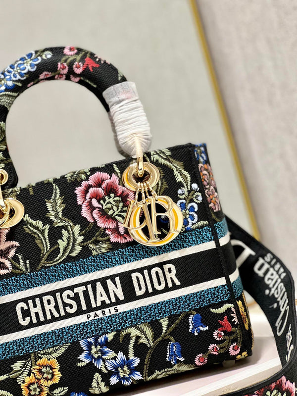 Borsa Lady Dior in tela nera con fiore CD 336670