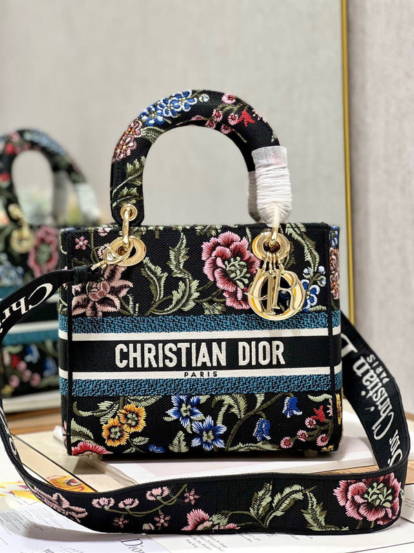 Borsa Lady Dior in tela nera con fiore CD 336670