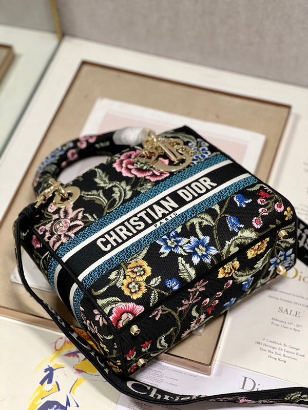Borsa Lady Dior in tela nera con fiore CD 336670