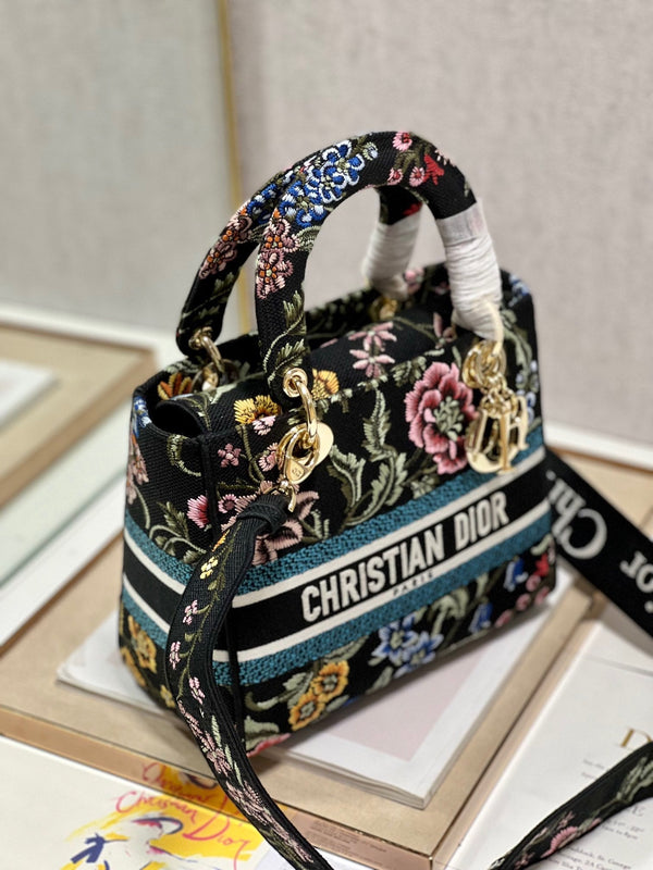 Borsa Lady Dior in tela nera con fiore CD 336670