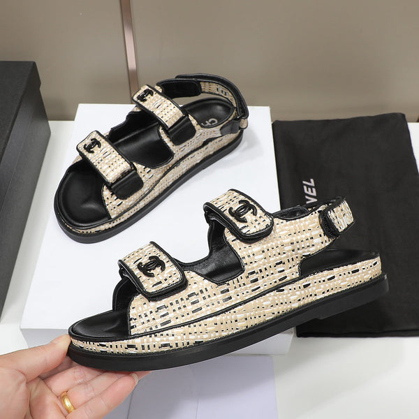 Sandalo CC Dad Beige Nero Vitello Nero Intrecciato