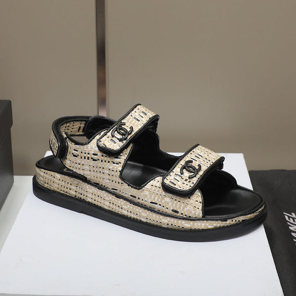 Sandalo CC Dad Beige Nero Vitello Nero Intrecciato