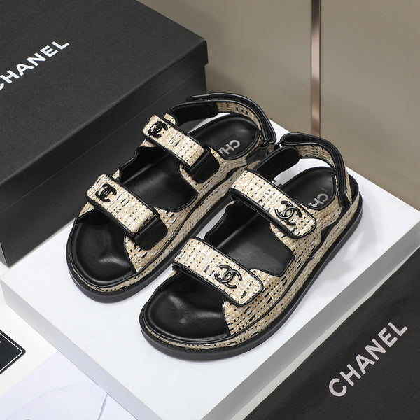 Sandalo CC Dad Beige Nero Vitello Nero Intrecciato