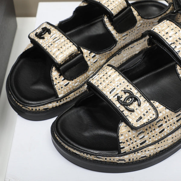 Sandalo CC Dad Beige Nero Vitello Nero Intrecciato