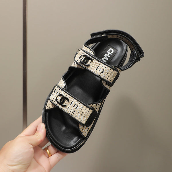 Sandalo CC Dad Beige Nero Vitello Nero Intrecciato