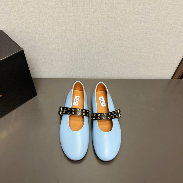 SCARPE MARY JANE ALAIA IN PELLE DI AGNELLO AZZURRA CHIARA CON FERRAMENTA IN ARGENTO
