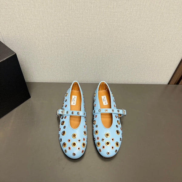 SCARPE MARY JANE ALAIA IN PELLE DI AGNELLO AZZURRA CHIARA CON FERRAMENTA IN ARGENTO E ORO
