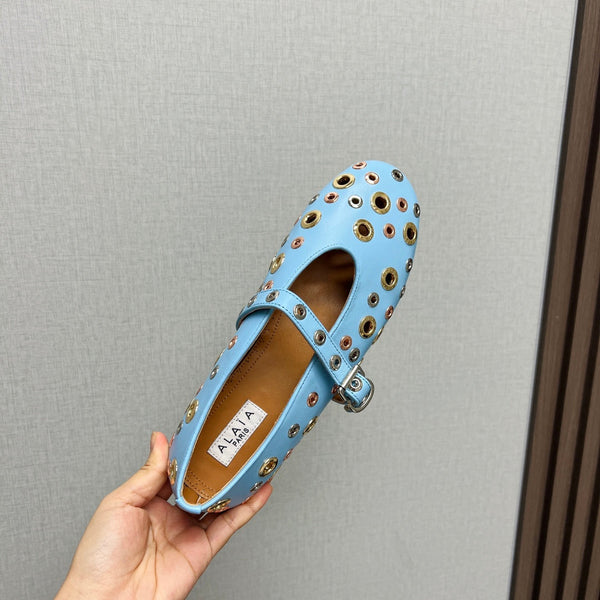 SCARPE MARY JANE ALAIA IN PELLE DI AGNELLO AZZURRA CHIARA CON FERRAMENTA IN ARGENTO E ORO