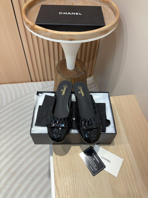 cc mule tweed nero paillettes pelle di vitello verniciata nera