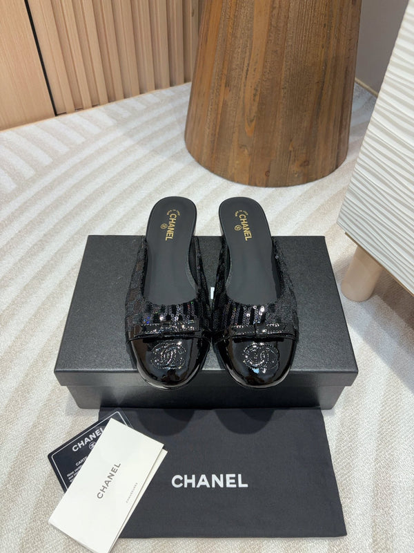 cc mule tweed nero paillettes pelle di vitello verniciata nera