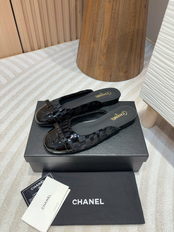 cc mule tweed nero paillettes pelle di vitello verniciata nera