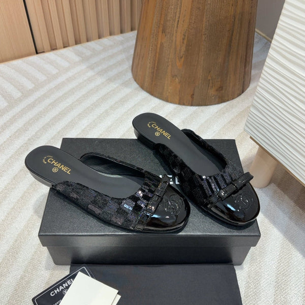 cc mule tweed nero paillettes pelle di vitello verniciata nera