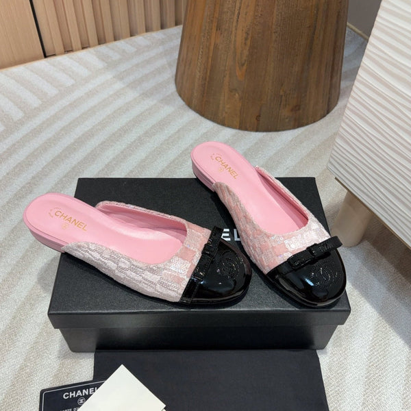 cc mule tweed rosa paillettes pelle di vitello verniciata nera