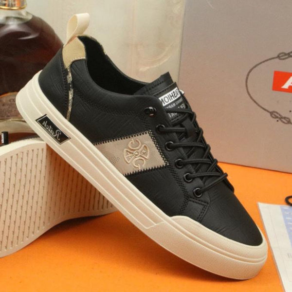 PRA TRAINER IN BLACK CALFSKIN AND TAN EMBROIDERED FABRIC