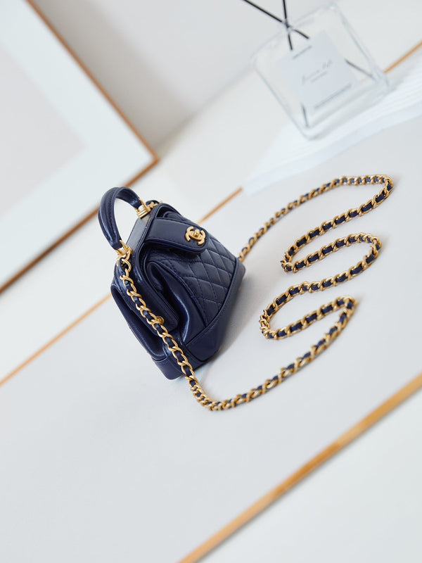 CC 24A Mini Top Handle 13cm Night Blue Wax Leather Gold Hardware 238459
