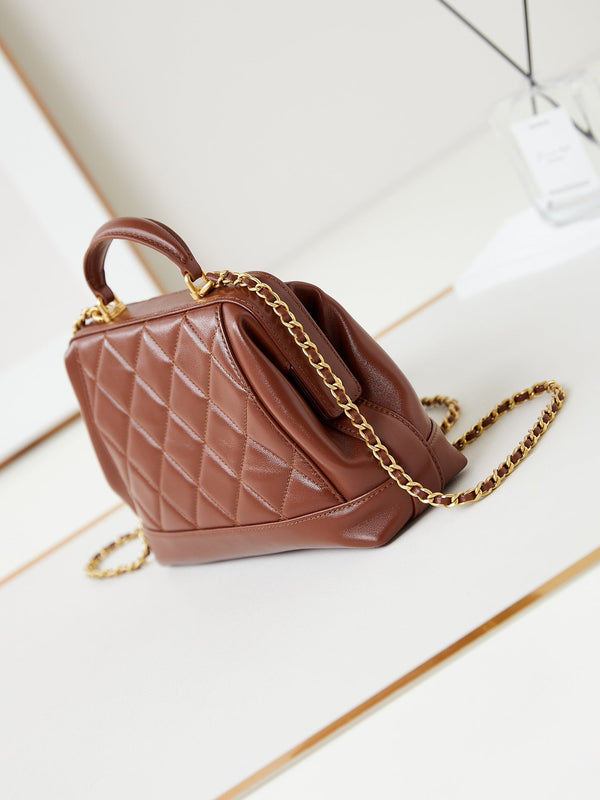CC 24A Top Handle 23.5cm Brown Wax Leather Gold Hardware 238471