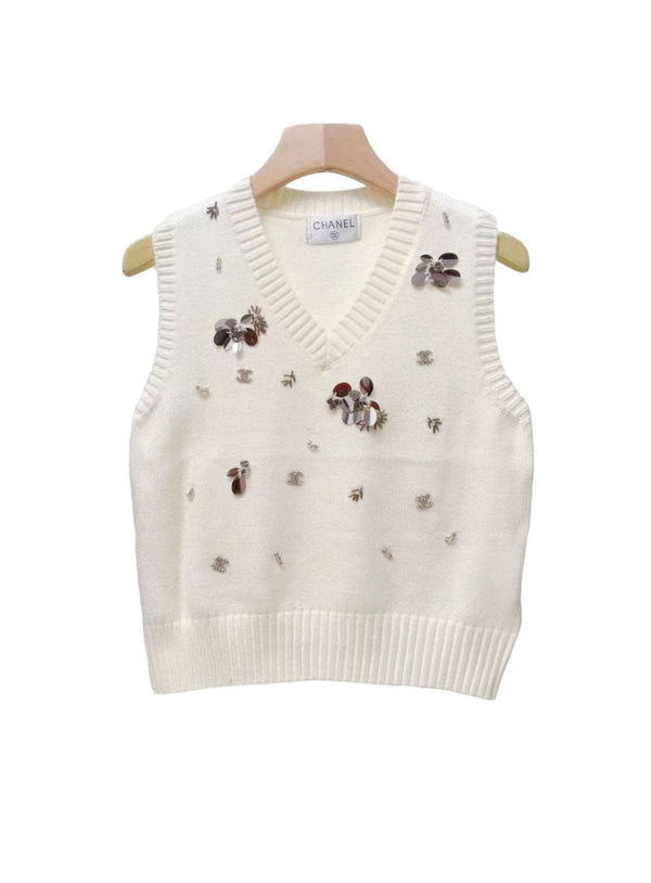 Gilet lavorato a maglia con scollo a V e paillettes a coste CC