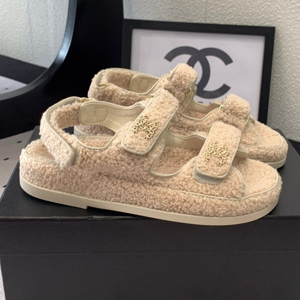 CC DAD SANDAL ECRU BEIGE PELLICCIA DI AGNELLO