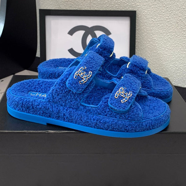 CC DAD SANDALO MULE IN PELLICCIA DI AGNELLO AZZURRO