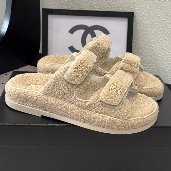 CC DAD SANDALO MULE IN PELLICCIA DI AGNELLO BEIGE ECRU