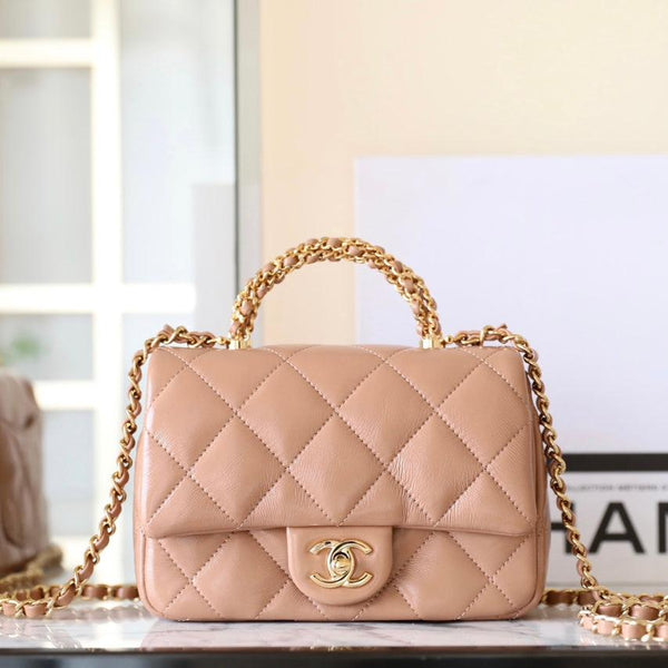 Borsa mini con patta 24b, manico superiore da 19 cm, pelle di agnello beige