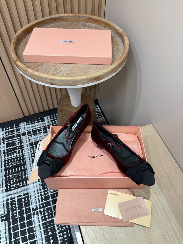 Miu Ballet Flat Wine Red And Black Velvet