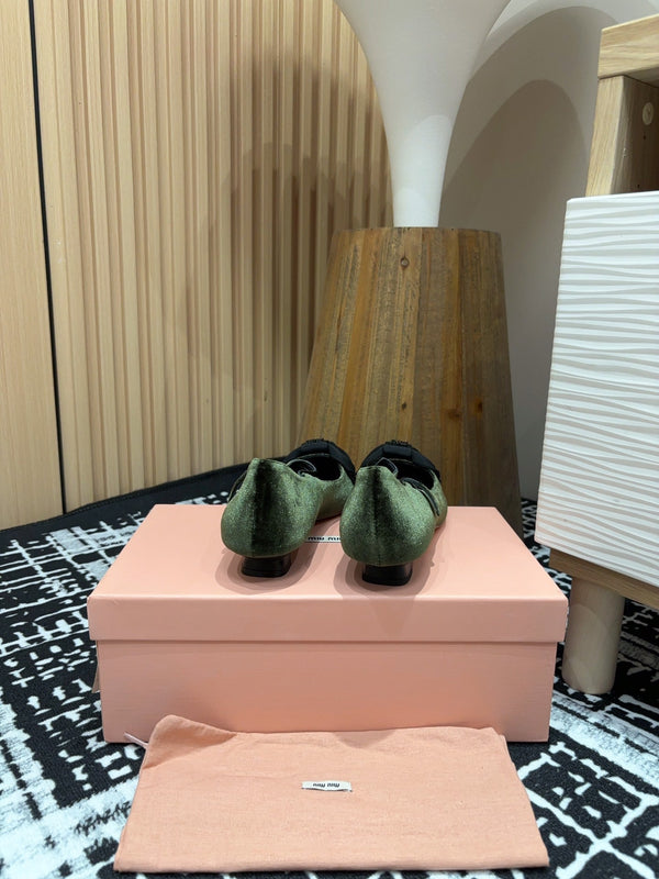 Miu Ballet Flat Dark Green And Black Velvet