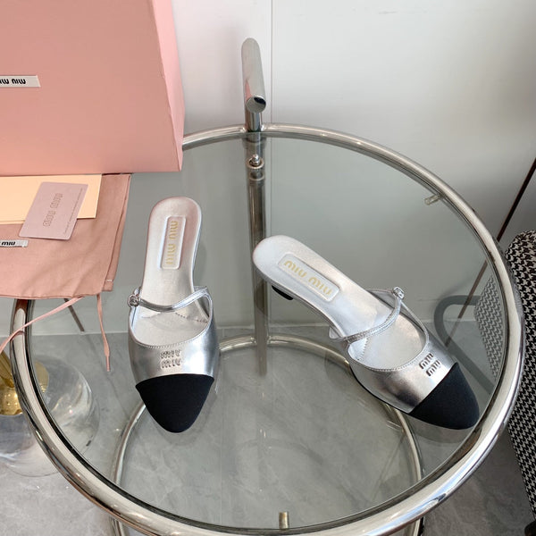 Miu Sandals Square Heel Shoes Silver Leather