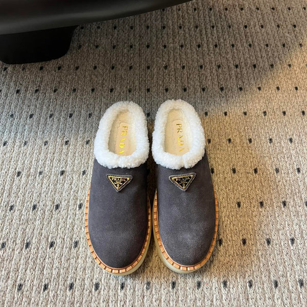 Prada 25s Furry Half-Cover Slippers Gray Suede And Wool 538427