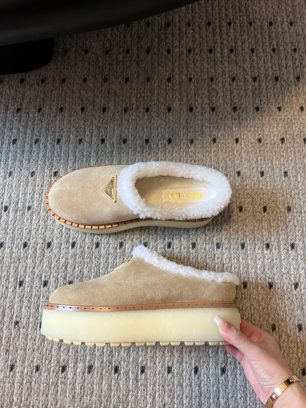 Prada 25s Furry Half-Cover Slippers Beige Suede And Wool 538429