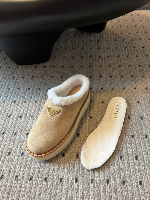 Prada 25s Furry Half-Cover Slippers Beige Suede And Wool 538429