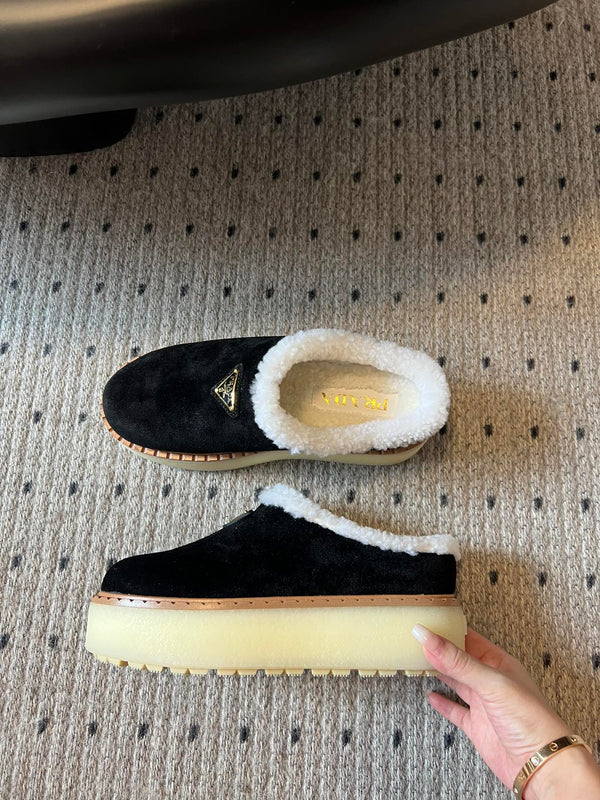 Prada 25s Furry Half-Cover Slippers Black Suede And Wool 538430