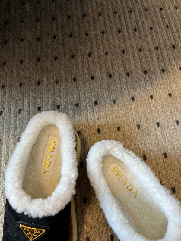 Prada 25s Furry Half-Cover Slippers Black Suede And Wool 538430