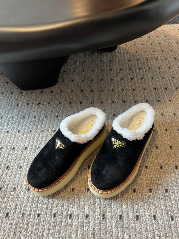 Prada 25s Furry Half-Cover Slippers Black Suede And Wool 538430
