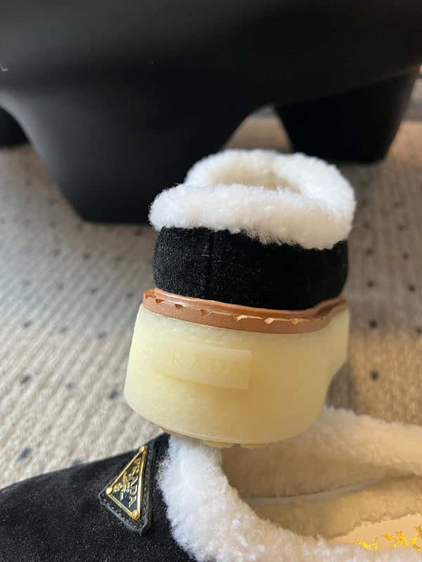 Prada 25s Furry Half-Cover Slippers Black Suede And Wool 538430