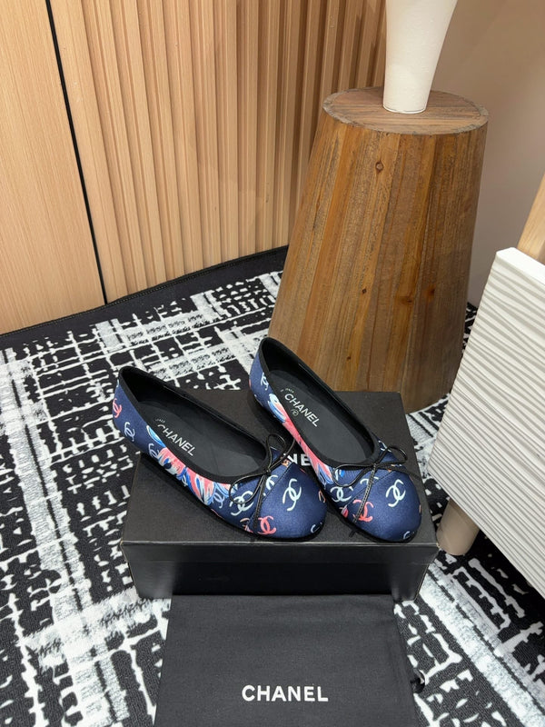 CC Ballet Flats Dark Blue Silk Flowers And Lambskin