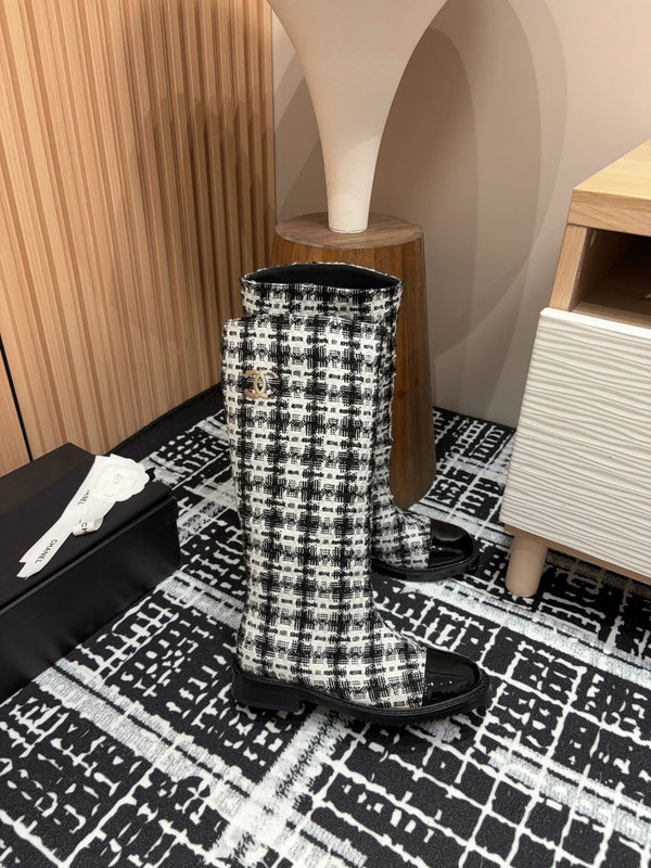 CC High Boots In White Mix Black Wool Tweed And Lambskin