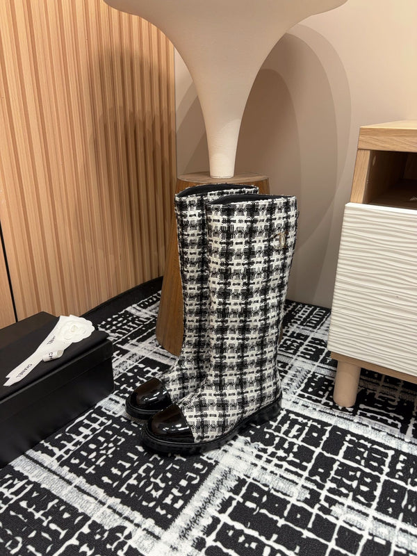 CC High Boots In White Mix Black Wool Tweed And Lambskin