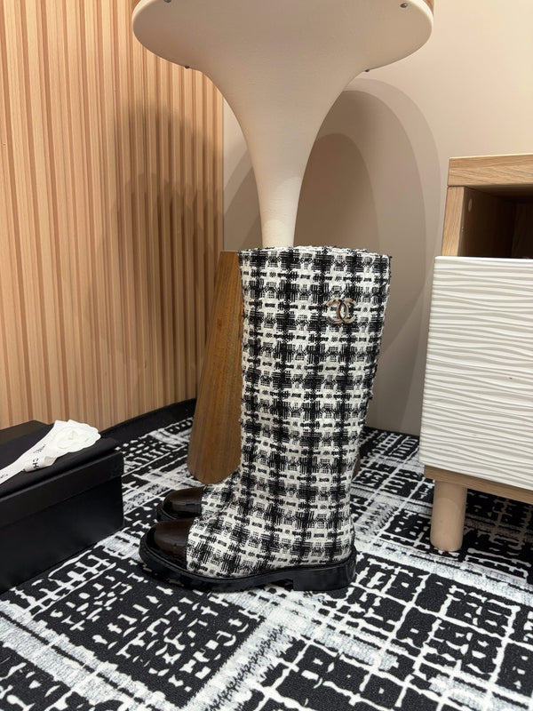 CC High Boots In White Mix Black Wool Tweed And Lambskin