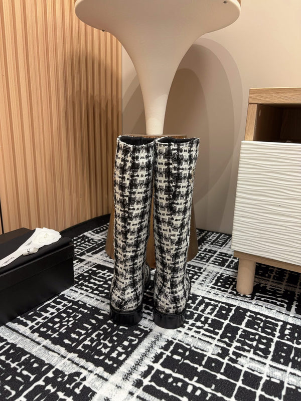 CC High Boots In White Mix Black Wool Tweed And Lambskin