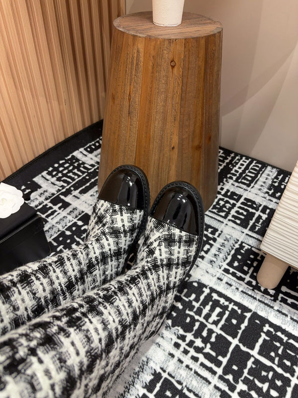 CC High Boots In White Mix Black Wool Tweed And Lambskin