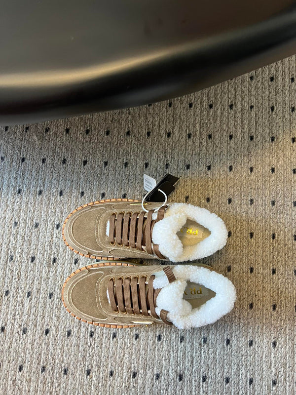 Prada 25s Mid-Top Sneaker Light Brown Suede And Wool 538433