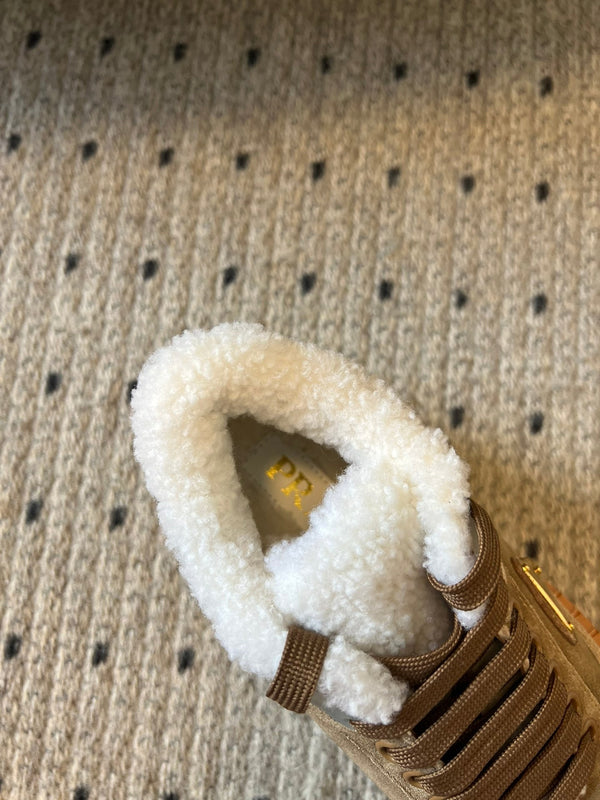 Prada 25s Mid-Top Sneaker Light Brown Suede And Wool 538433