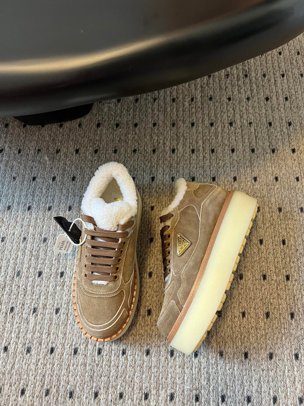 Prada 25s Mid-Top Sneaker Light Brown Suede And Wool 538433