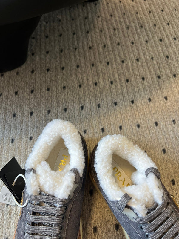 Prada 25s Mid-Top Sneaker Dark Gray Suede And Wool 538434