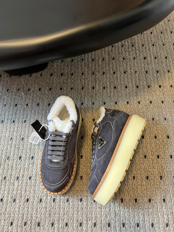 Prada 25s Mid-Top Sneaker Dark Gray Suede And Wool 538434