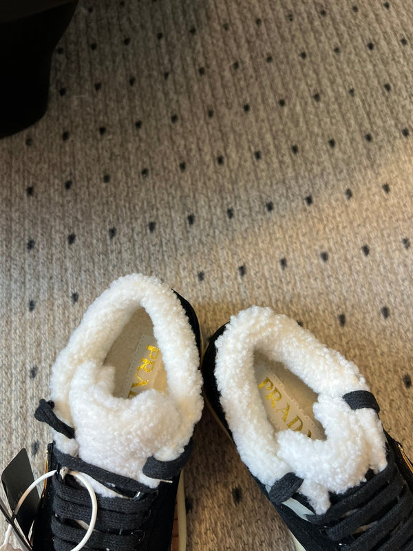 Prada 25s Mid-Top Sneaker Black Suede And Wool 538435