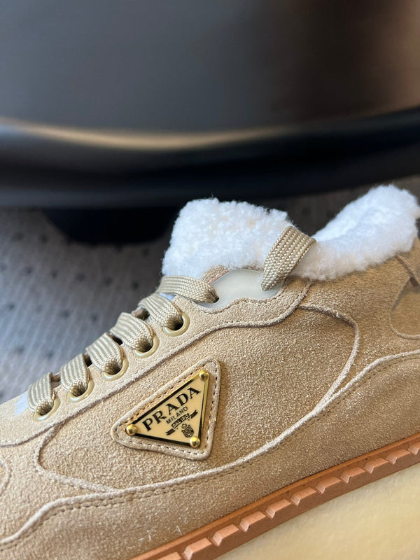 Prada 25s Mid-Top Sneaker Beige Suede And Wool 538436