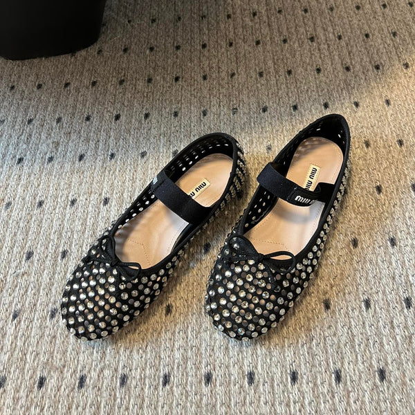 Miu 26s Ballerina Flats In Black Mesh Calfskin With Rhinestones