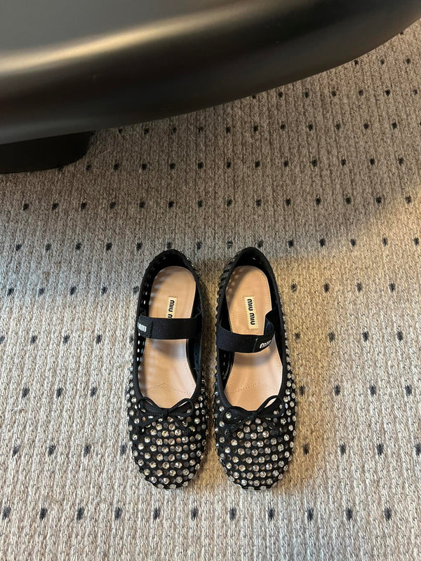 Miu 26s Ballerina Flats In Black Mesh Calfskin With Rhinestones